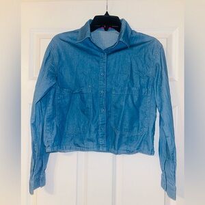 MDRN Blue Denim Long Sleeve Button Up Top Shirt XS Country Modern Cropped